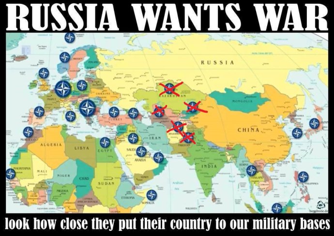 Několik let se Facebookem úspěšně šíří i mapka, jak NATO údajně obklíčilo Rusko. Některé základny jsou ale ve skutečnosti vymyšlené, například v Kazachstánu a Kyrgyzstánu nemá základny NATO, ale Rusko (červené křížky jsme doplnili ex post). Zdroj: Facebook, Denník N