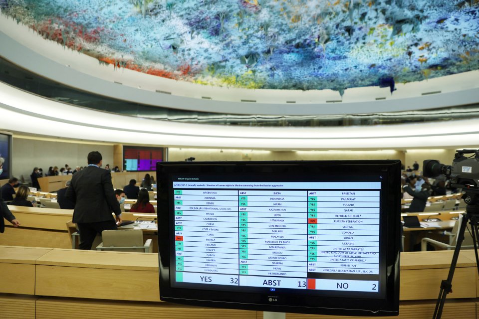 Výsledek hlasování o rezoluci Rady OSN pro lidská práva: proti s Moskvou hlasovala pouze Eritrea. Foto: Denis Balibouse, Reuters
