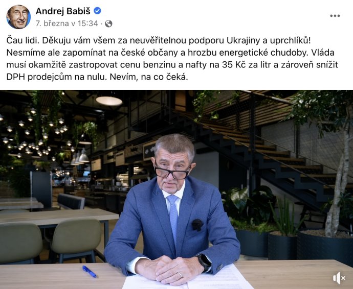 Předseda ANO Andrej Babiš apeluje na vládu, že by „neměla upřednostňovat uprchlíky a Ukrajinu před našimi občany“. Reprofoto: Facebook Andreje Babiše
