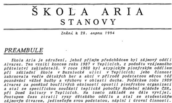 Úvod ze Stanov Školy Aria, který vyšel v "informačníku" Školy Aria zvaném Kocourek. Zdroj: archiv JQr