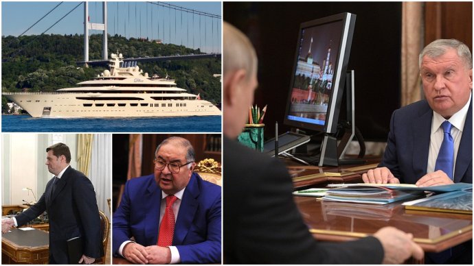 Usmanovova jachta Dilbar, Mordašov, Usmanov a Sečin. Foto: Reuters a Kreml