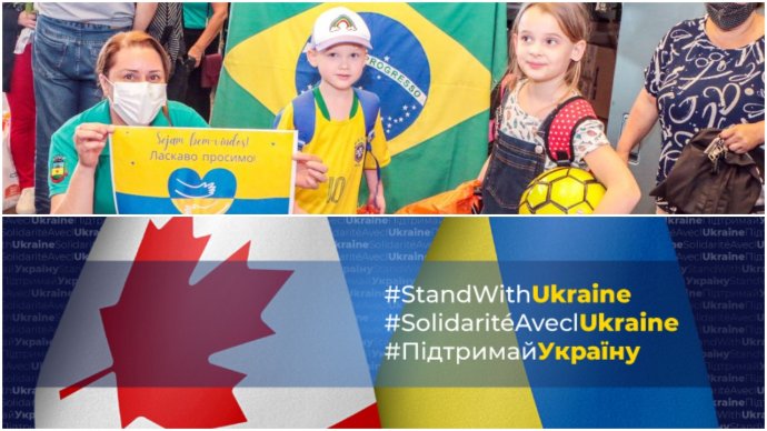 Fotografie dokumentující pomoc nebo vyzývající k pomoci ukrajinským válečným uprchlíkům. Zdroj: brazilské město Apucarana a kanadské ministerstvo zahraničí