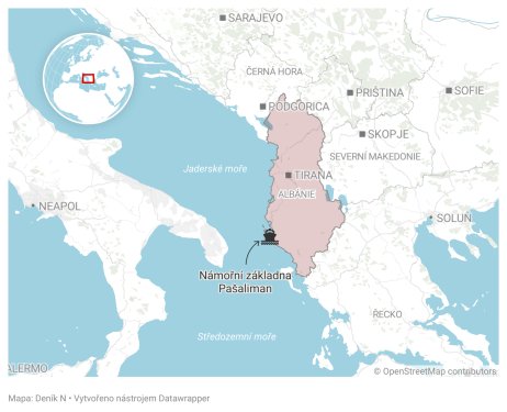 Albánie a námořní základna Pašaliman nabídnutá NATO. Mapa :Deník N