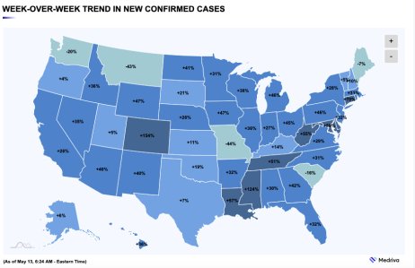 Průměrný počet případů za týden je v USA nyní vyšší napříč státy o 29,2 procenta proti minulému týdnu. Zdroj: Medriva