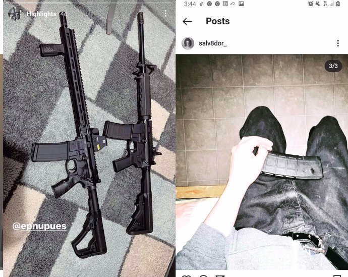 Snímky z instagramového účtu Salvadora Ramose, které zveřejnil tři dny před útokem. Nedávno osmáctiletý mladík se pyšnil zbraněmi, které si pořídil k narozeninám. Koláž: Instagram Salvadora Ramose