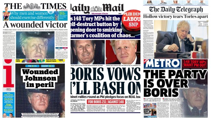 Titulní strany britských novin po večerním hlasování konzervativního poslanců o důvěře v lídra Borise Johnsona. 7. 6. 2022. Koláž: Deník N