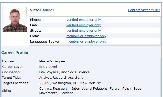 Screenshot profilu Brazilce Victora Mullera, podle nizozemské rozvědky ruského agenta GRU Sergeje Čerkasova, na MyVisaJobs. Zdroj: MyVisaJobs, Bellingcat
