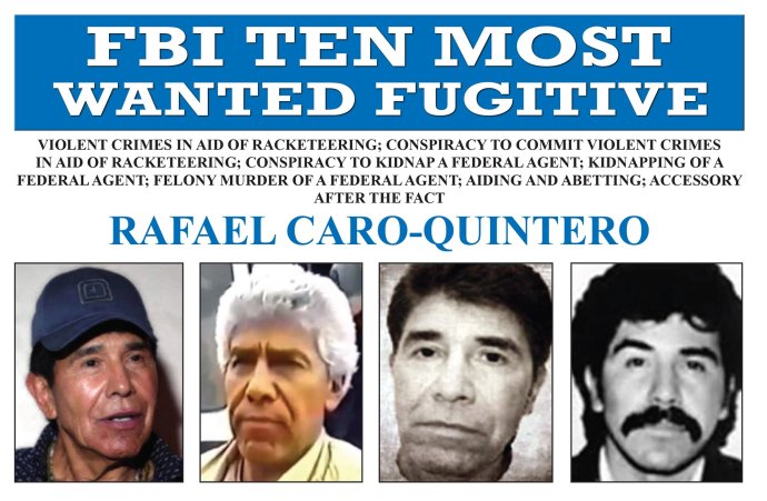 Rafael Caro-Quintero jako jeden z 10 nejhledanějších lidí na seznamu americké FBI. Zde čtyři jeho podoby v průběhu času. Foto: FBI