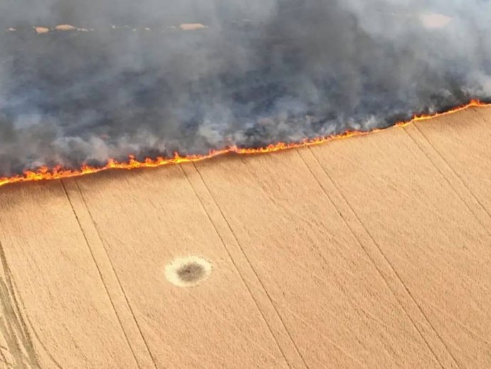 Hořící pole se zralým obilím na Ukrajině. Foto: Ukrajinská armáda