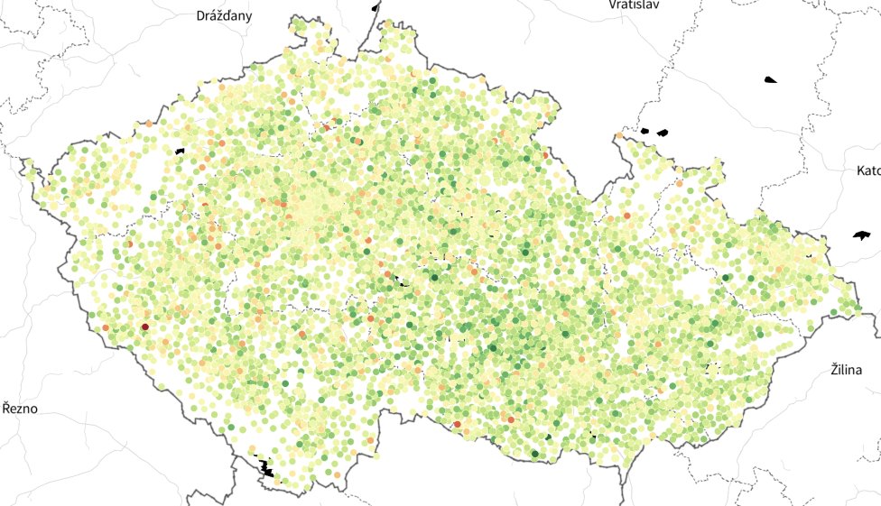 Volební mapa sledující průměrný věk kandidátů ve všech obcích v zemi. Autor: Daniel Kerekes