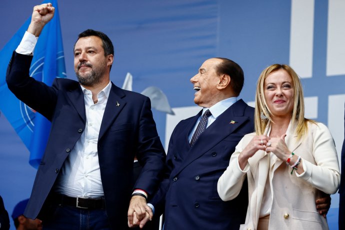 Matteo Salvini, Silvio Berlusconi a Giorgia Meloniová v Římě před volbami. Foto: Yara Nardi, Reuters