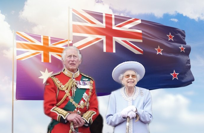 Australská a novozélandská vlajka v sobě dodnes obsahují i britskou. Foto: prehistorik, Adobe Stock a Buckinghamský palác, koláž Deník N