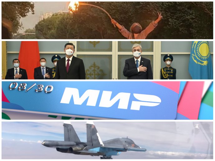 Ruské problémy se množí na mnoha místech a mají různou podobu. Společné jim je vnímání, že ruská schopnost vynutit si svou vůli upadá. Demonstrantka v Teheránu, čínský a kazachstánský prezident, platební karta Mir a ruský letoun Su-34. Foto: Zuma/Profimedia, úřad kazachstánského prezidena, Hodim – Adobe Stock a ruské ministerstvo obrany. Koláž: Deník N