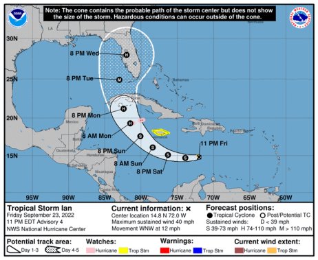 Trasa hurikánu Ian podle předpovědi Národního centra pro hurikány. Po Kajmanských ostrovech a Kubě zamíří na Floridu; zatím není jasné, ze které strany. Mapa: NHC