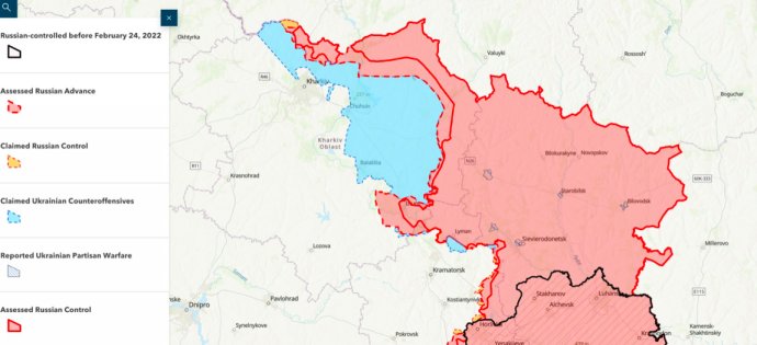 Situace na východě Ukrajiny: modrou jsou označená území osvobozená při ukrajinské charkovské ofenzivě. Repro: ISW