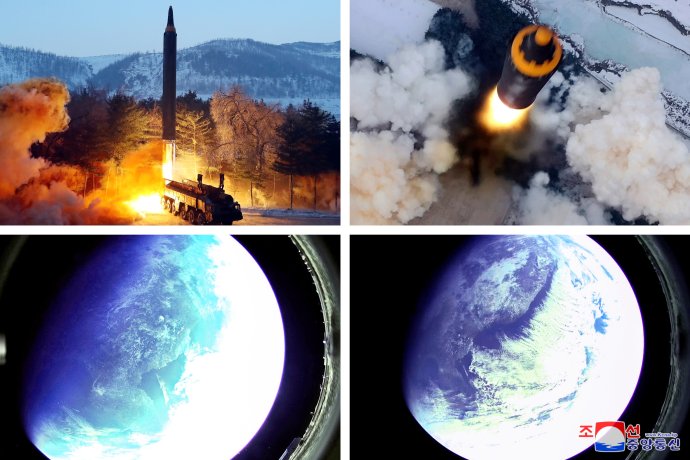 Test severokorejské rakety středního doletu Hwasong-12. Ta se světu poprvé předvedla na vojenské přehlídce v Pchjongjangu v dubnu 2017. O pět a půl roku později, 4. října 2022, zřejmě právě ona zacílila nad severní Japonsko. Foto: KCNA via Reuters