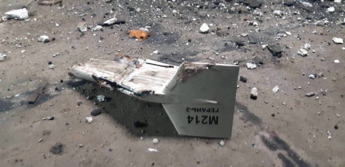 Íránský dron Šáhid-136 Rusy označovaný jako Geraň-2 sestřelený podle ukrajinské armády v Charkovské oblasti. Foto: Ukrajinské ministerstvo obrany