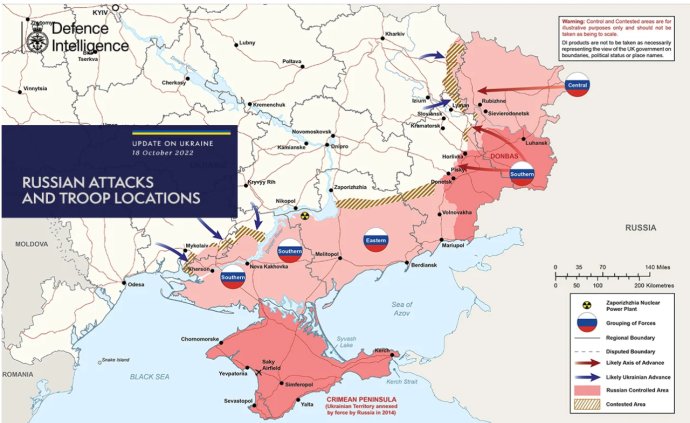 Rusko očekává velkou bitvu o Cherson, Ukrajina své záměry dopředu neohlašuje. Zdroj: Ministerstvo obrany Velké Británie