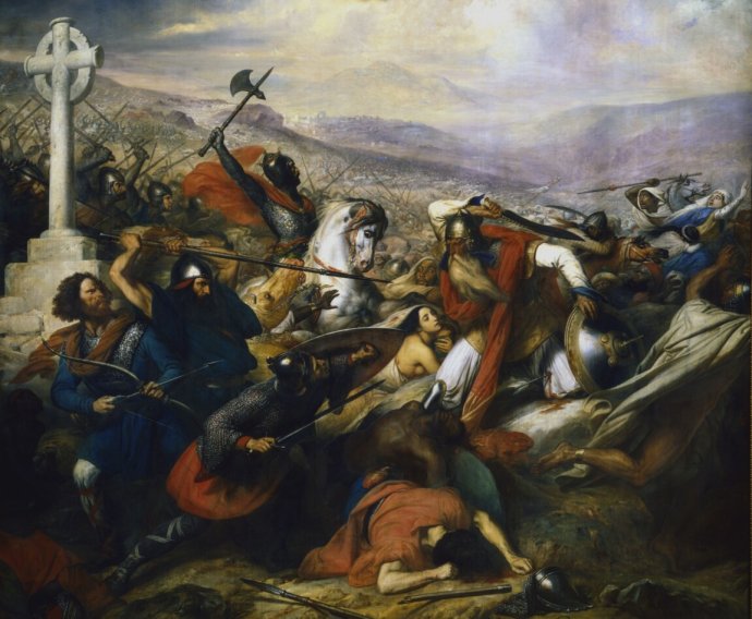 Romantické vyobrazení závěru bitvy od Charlese de Steubena z roku 1837. Podle moderních bádání jde o událost, která se nestala, protože Frankové jezdectvo v bitvě vůbec neměli. Foto: Wikimedia Commons