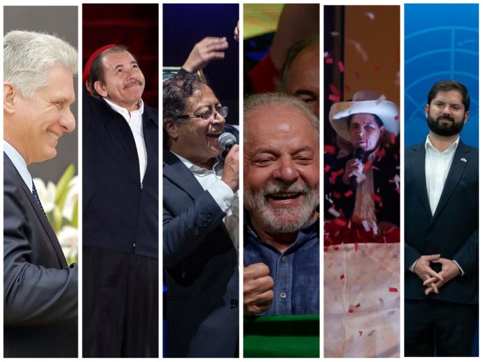 Levicoví prezidenti (v některých případech diktátoři) Kuby Díaz-Canel, Nikaraguy Ortega, Kolumbie Petro, Brazílie Lula, Peru Castillo a Chile Boric. Koláž: Deník N