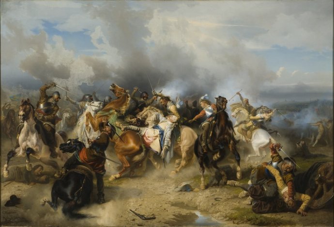 Dílo švédského malíře Carla Wahlboma, které vyobrazuje smrt švédského krále Gustava II. Adolfa přímo na bojišti. Foto: Wikimedia Commons
