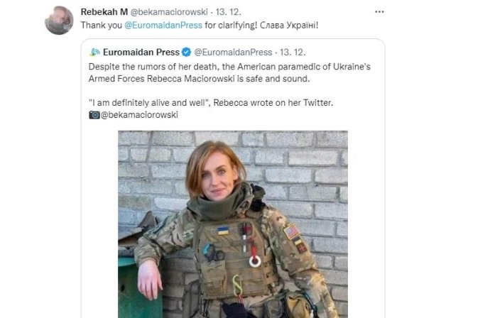 Tweet, v němž Rebekah Maciorowskiová děkuje účtu Euromaidan Press za šíření její vlastní zprávy, že nezemřela, jak tvrdí (a oslavují) mnohé ruské zdroje, a je v pořádku. Zdroj: Rebekah M a Euromaidan Press, Twitter