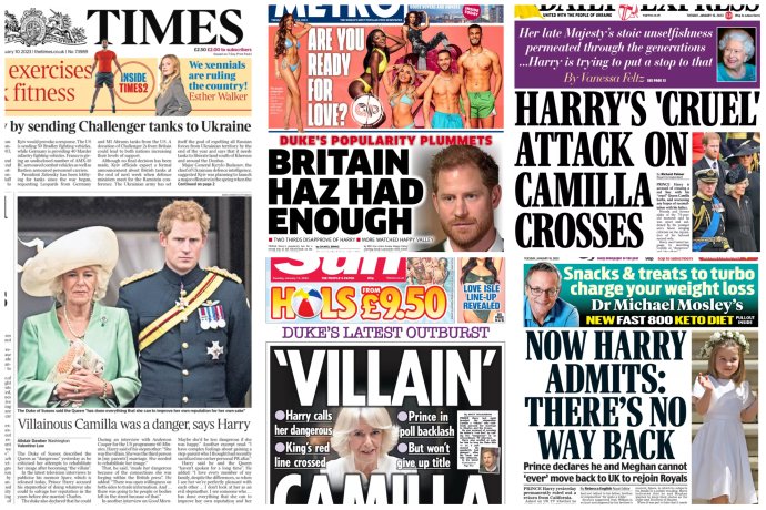 Titulní strany některých britských novin dnes, 10. ledna, těsně po vydání knihy prince Harryho Spare (Rezerva, Náhradník) a dva dny po jeho rozhovoru v ITV. Zdroj: Times, Metro, Daily Express, Sun, Daily Mail; koláž: Deník N