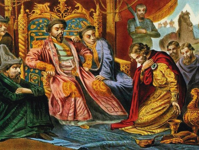 Alexandr Něvský se koří chánovi Bátúovi, který ve 13. století založil mocnou Zlatou hordu. Malba neznámého umělce z 19. století. Repro: Deník N