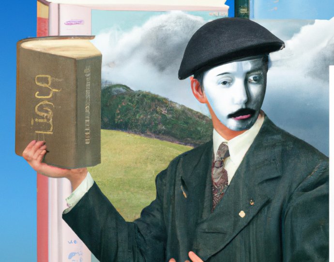 AI píše, ilustruje a překládá knihy, nakresleno ve stylu Reného Magritta umělou inteligencí Dall-E.