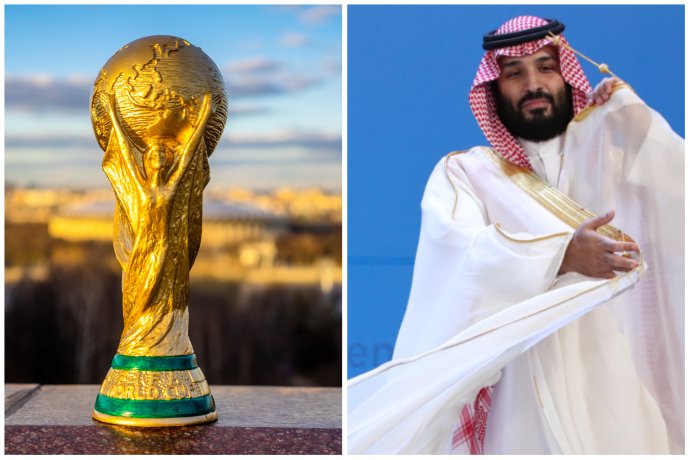 Zlatá Niké, trofej pro vítěze MS ve fotbale, a saúdský korunní princ MSB. Foto: fifg, Adobe Stock a ČTK, koláž Deník N
