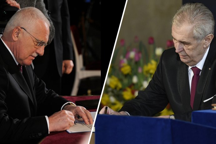 Podpis prezidentského slibu Václavem Klausem v roce 2008 a Milošem Zemanem v roce 2018. Foto: ČTK. Grafika: Tomáš Kunc, Deník N