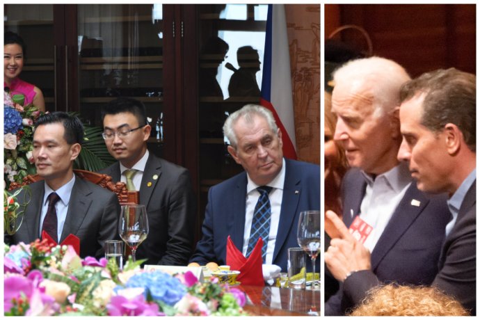 Jie Ťin-ming z CECF a Miloš Zeman v roce 2018 v Šanghaji, Joe a Hunter Bidenovi v roce 2019. Foto: Lucie Mikolášková, ČTK a Louise Palanker, Flickr, CC BY-SA 2.0, koláž: Deník N