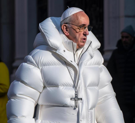 Fotografie papeže Františka v módní péřové bundě zmátla spoustu lidí, kteří ji považovali za pravou. Ve skutečnosti jde o dílo umělé inteligence. Repro: Twitter
