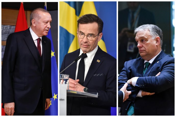 Turecký prezident Erdogan, předseda švédské vlády Kristersson a maďarský premiér Orbán. Foto: 3× EU, koláž Deník N