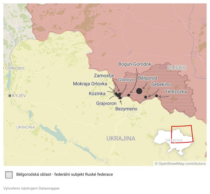 Bělgorodská oblast Ruské federace u ukrajinské hranice s vyznačenými obcemi, v nichž ruské jednotky na straně Ukrajiny bojují nebo bojovaly. Mapa: Deník N, DataWrapper
