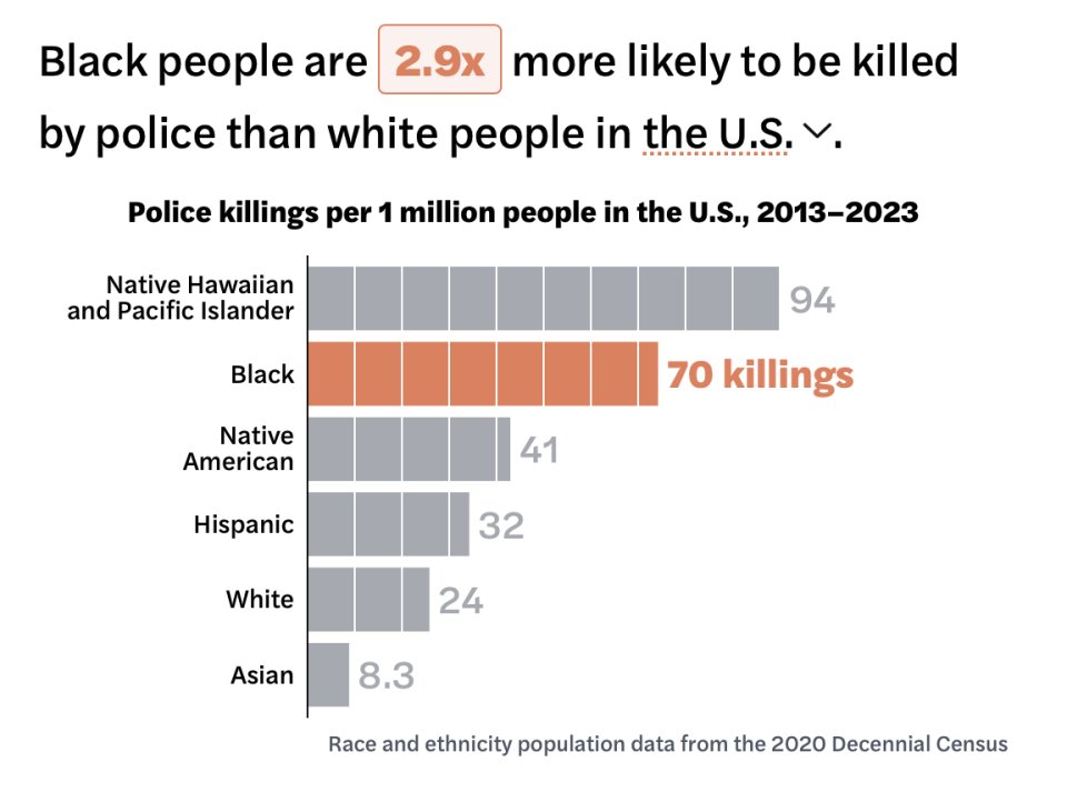 V rukou policie USA zemřelo za posledních deset let v přepočtu na milion lidí 94 lidí tichomořského původu, 70 Afroameričanů, 41 původních Američanů, 32 Hispánců, 24 bělochů a přes 8 Asiatů. Zdroj: https://mappingpoliceviolence.org
