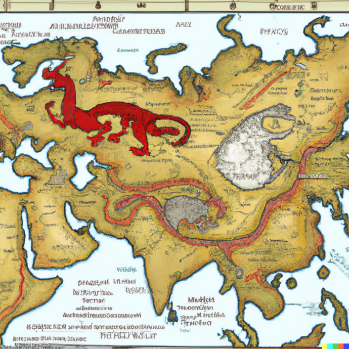 Hic sunt dracones (obrázek vytvořila umělá inteligence podle zadání Deníku N: starověká mapa Euroasie s drakem na místě Ruska). Grafika: Dall-e, OpenAI