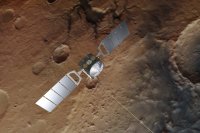 Sonda Mars Express nad planetou. Pozadí tvoří skutečný snímek, obrázek kosmické lodi je samozřejmě dokreslený. Foto: ESA/DLR/FU Berlin, CC BY-SA 3.0 IGO
