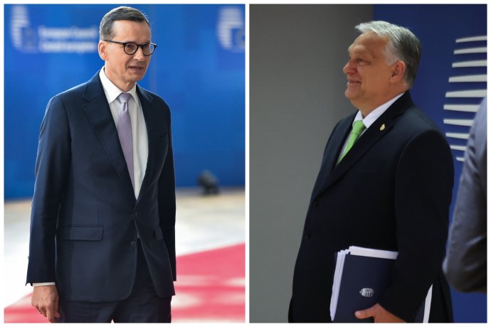 Premiéři Polska Morawiecki a Maďarska Orbán při příchodu na summitu EU v Bruselu 29. 6. 2023. Foto: EU, koláž Deník N