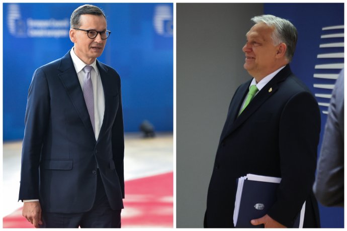 Premiéři Polska Morawiecki a Maďarska Orbán při příchodu na summitu EU v Bruselu 29. 6. 2023. Foto: EU, koláž Deník N