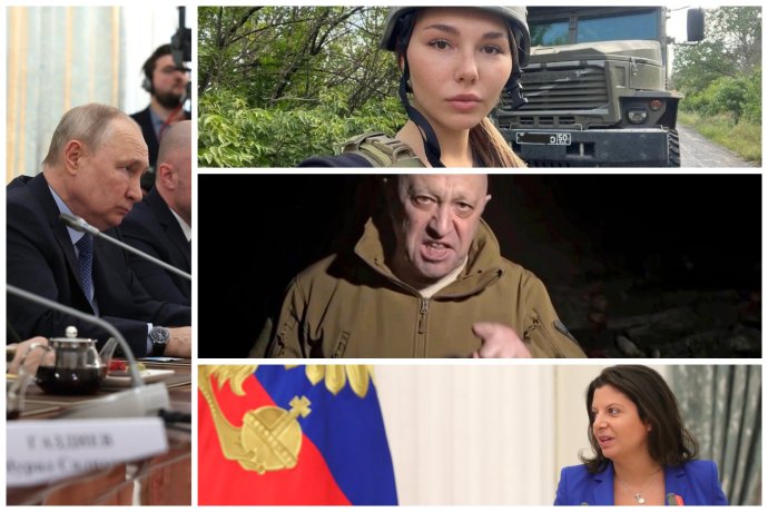 Vůdce Putin a tři z propagandistů a válečníků – Marijana Naumova, Jevgenij Prigožin a Margarita Simoňjan. Koláž: Deník N