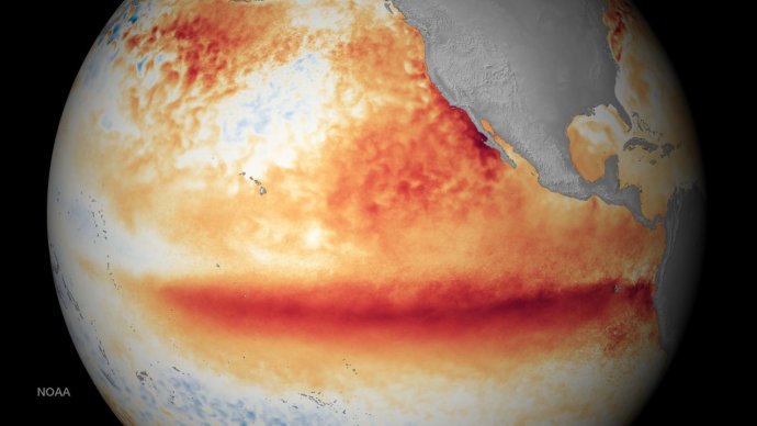 Fázi oteplování moře El Niño provází vysoký přízemní tlak vzduchu v tropickém západním Pacifiku. Vizualizace - NOAA