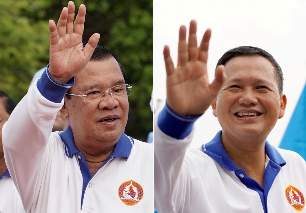Vlevo otec Hun Sen, vpravo syn Hun Manet. Oba ve své (identické) uniformě k letošním volbám, které už tradičně "drtivě" vyhrála Hun Senova Kambodžská lidová strana. Hun Manet má západní vzdělání. A pořád se najdou lidé, kteří teď doufají ve změnu kurzu - navzdory předobrazům jako KLDR nebo Sýrie. Foto: Cindy Liu, Reuters