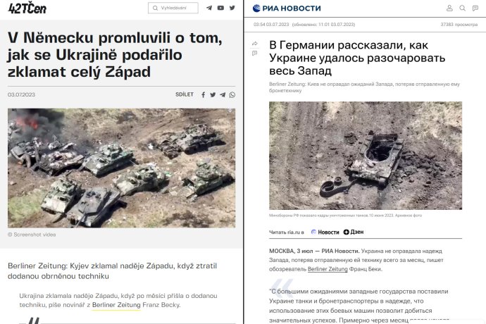 Obsah serveru 42TČen tvoří z velké části obsah přeložený a překlopený 1 : 1 z ruských zdrojů podléhajících přímo Kremlu. Grafika: Tomáš Kunc, Deník N