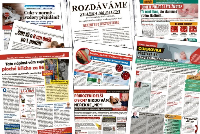 Ukázky inzerátů, které odborníci hodnotí jako klamavé. Objevují se opakovaně v tiskovinách Mafry nebo ve Vltava Labe Media. Foto: Deník N