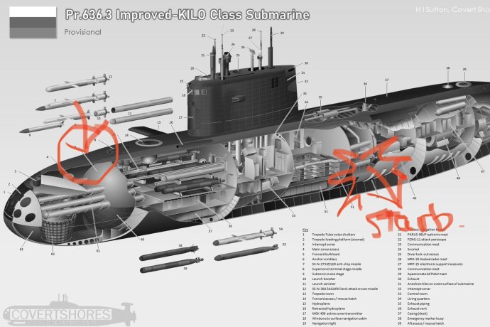 Znázorněné poškození na schématu ponorky třídy Kilo. Zdroj – H. I. Sutton