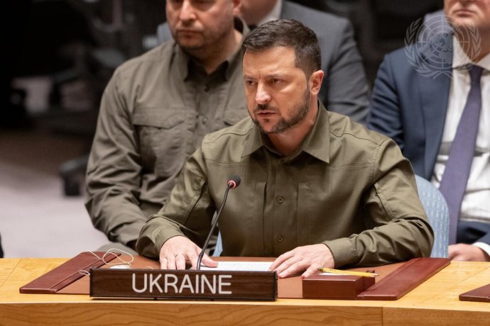 Volodymyr Zelenskyj při vystoupení v Radě bezpečnosti OSN. Foto: OSN