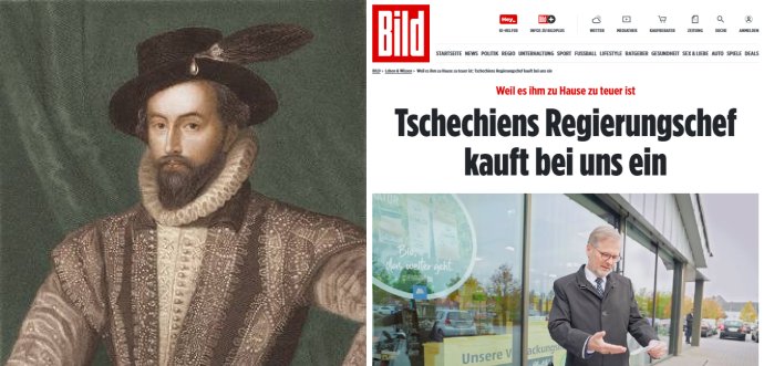 Sir Walter Raleigh to pokud známo nikdy na stránky německého Bildu nedotáhl. Premiéru Fialovi se to nedávno jedním podařeným kouskem zadařilo. Koláž: Deník N