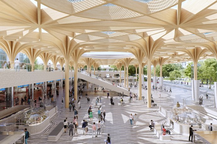 Nejviditelnějším novým prvkem hlavního nádraží bude dřevěná střecha nad prostranstvím před ním. Foto: Henning Larsen Architects