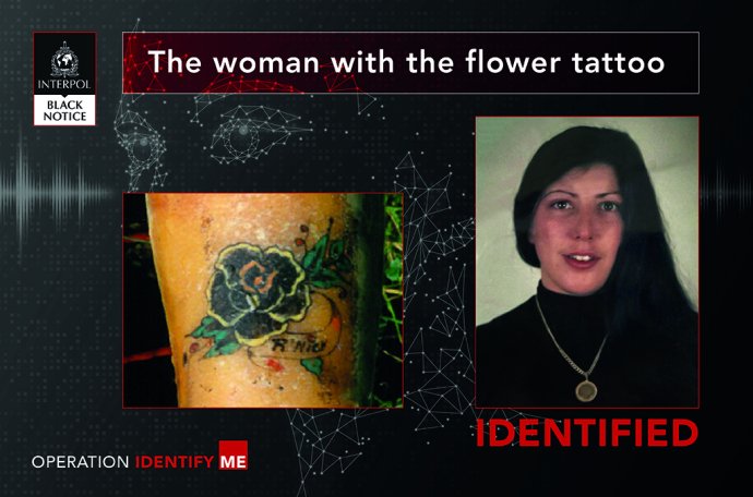 Případ operace Interpolu Indetify Me označený jako BEL02 – Žena s květinovým tetováním. Identitu ženy se po 31 letech podařilo odhalit. Foto: Interpol